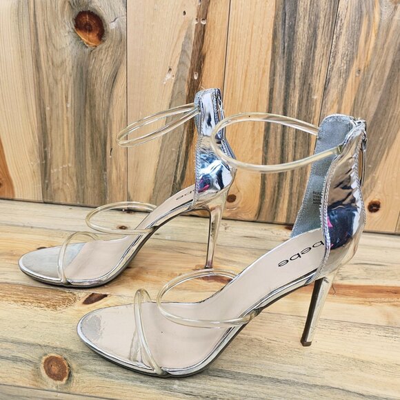 Bebe Berdine Metallic Silver Clear Ankle Strap Stiletto Heel Size 11 - Picture 1 of 6